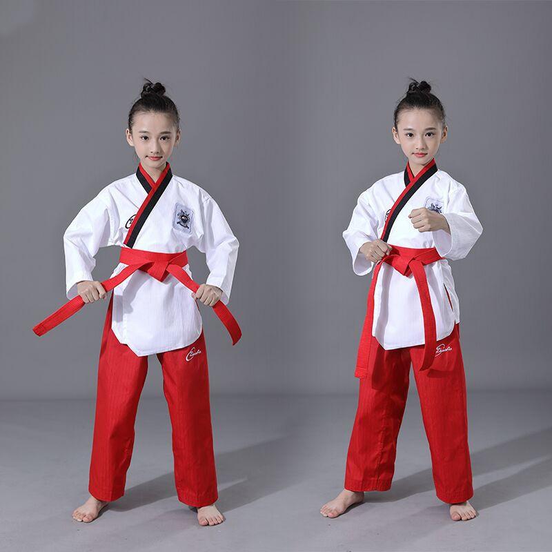 Taekwondo Poomsae Uniform Erwachsene Kinder Training Wettkampf Leistung Coaching Weißes Oberteil Blaue Rote Schwarze Hose