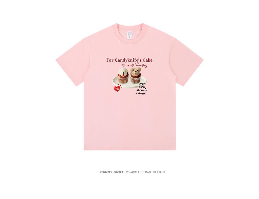 Korean Style Summer Cake Print Girlish Creamy Short Sleeve T-Shirt - Loose Round Neck Couple Outfit