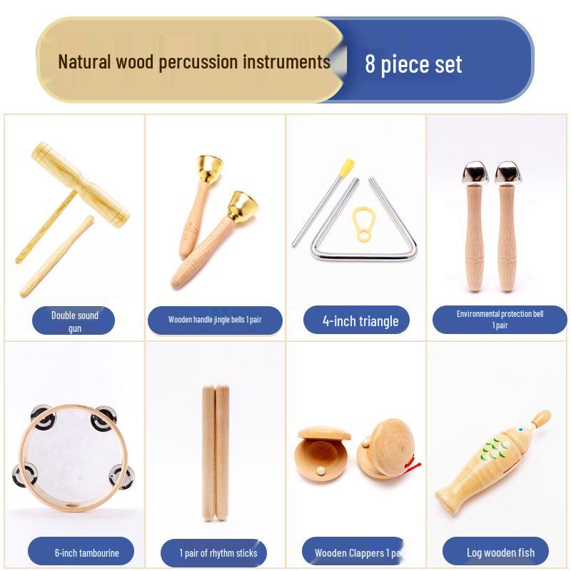 Orff Percussion Set: Claves, Castanets, Sand Shakers, Egg Shakers, Wrist Bells, Tambourine, Triangle, and Wood Block.