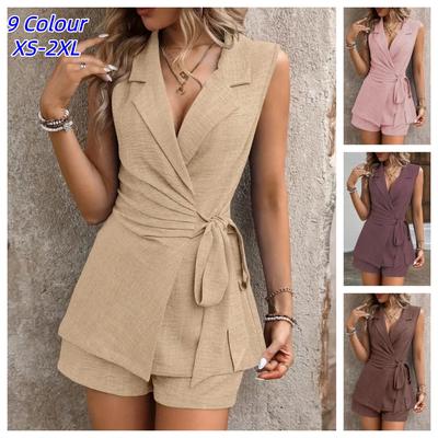 Ensemble Gilet et Short d'Été pour Femme Design Couleur Unie Lien Latéral Haut Sans Manches Mode Ensemble Deux Pièces Pour Femmes