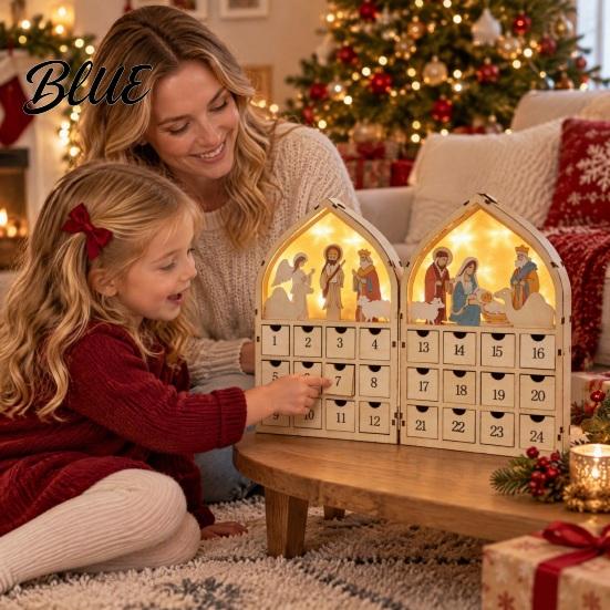 Advent Calendar with Drawers 24 Days Wooden Nativity LED Lights Foldable Christmas Countdown Boxwood Keepsake Gift Calendar House Shape Surprise