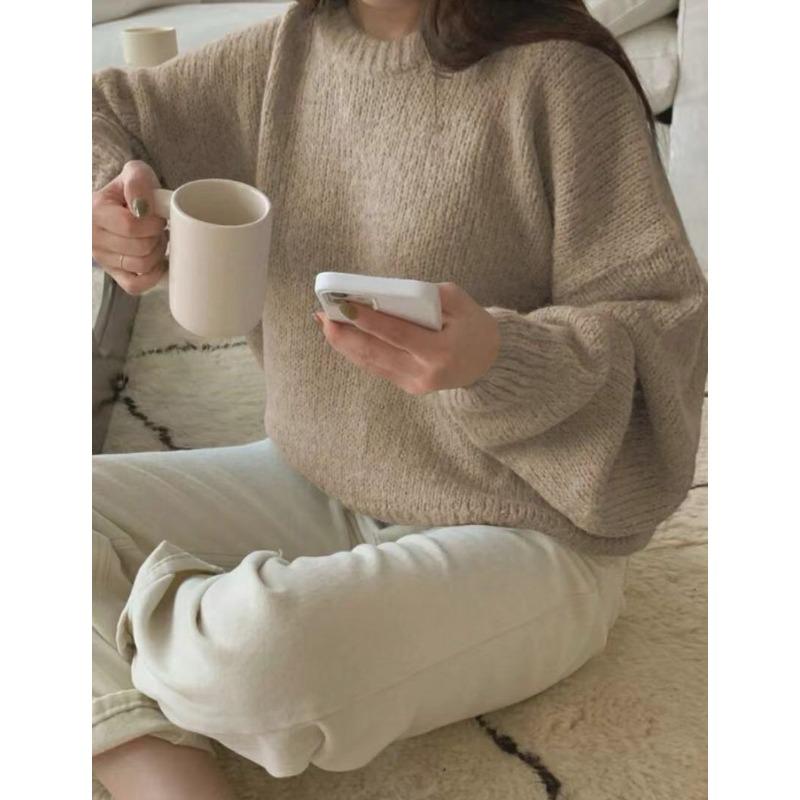 Crew neck imitation mohair sweater women's autumn and winter knitted top fashion casual sweater women's clothing