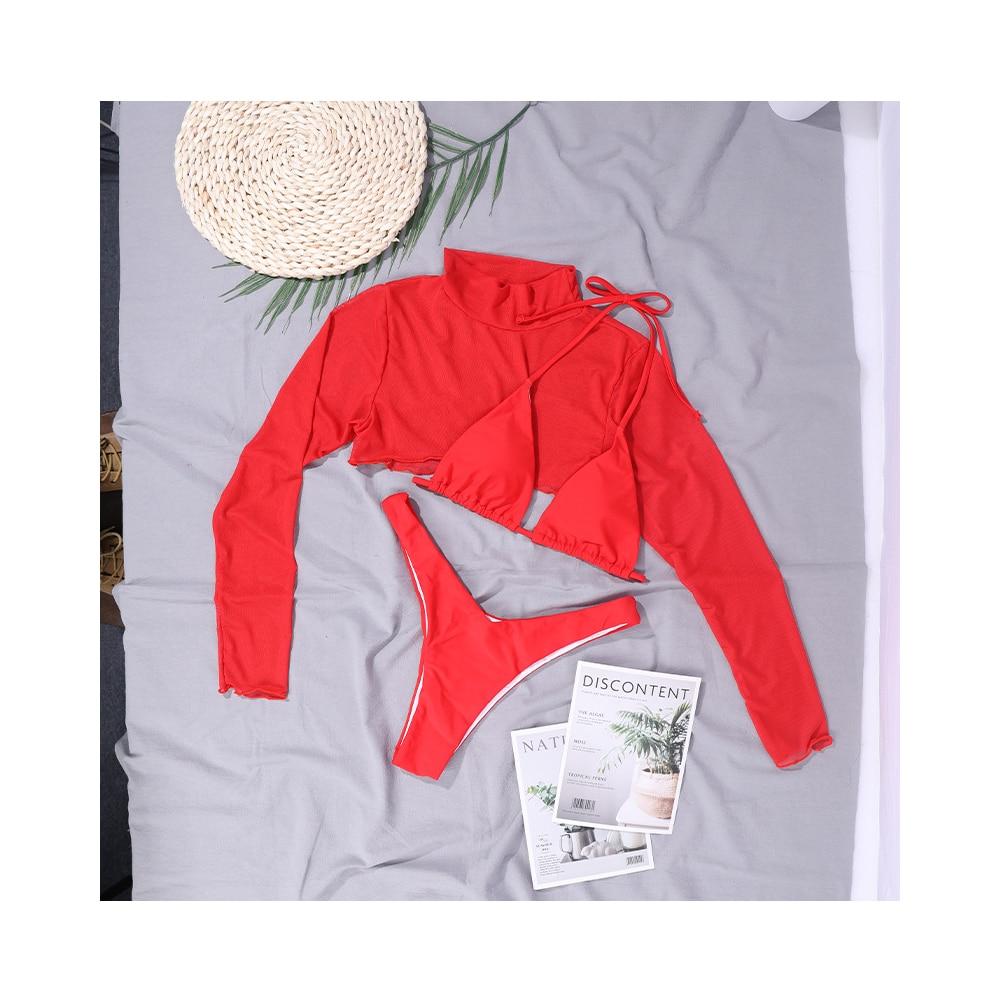 Kaufe Women Red Bikini Set Long Sleeve Tulle Swimsuit Deep V Crop Top
