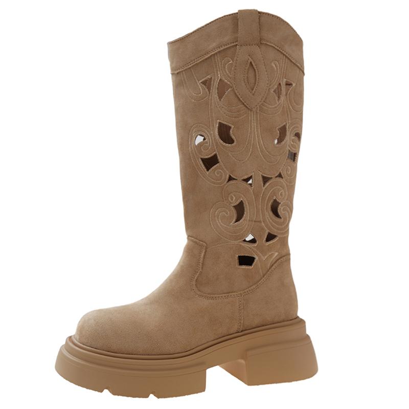 Fashion AVintage Hollow Out Women Western Cowboy Boots Fashion Slip On Thick Bottom Shoes Spring Autumn Knight Botas