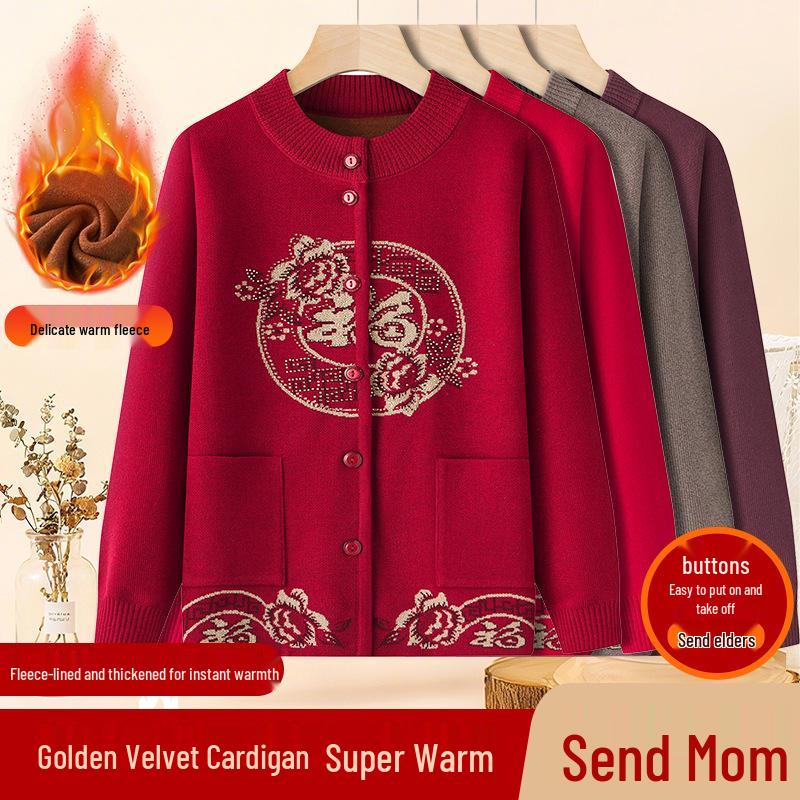 2025 New Style Tang Suit Plus Velvet Warm Sweater for Middle-Aged and Elderly Women