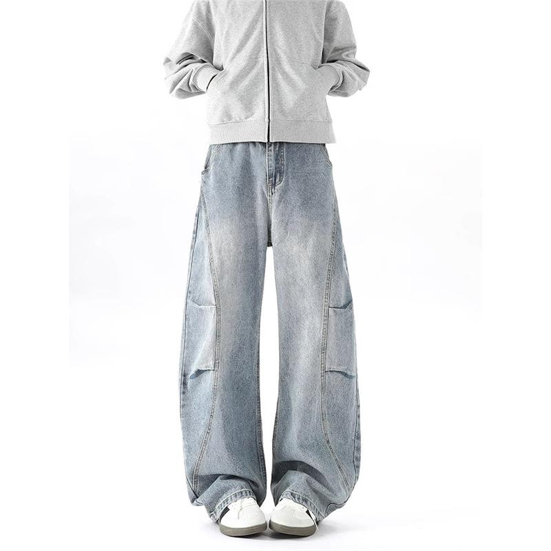 American retro pleated scimitar jeans men's trendy high street vibe design sense loose wide-leg couple pants