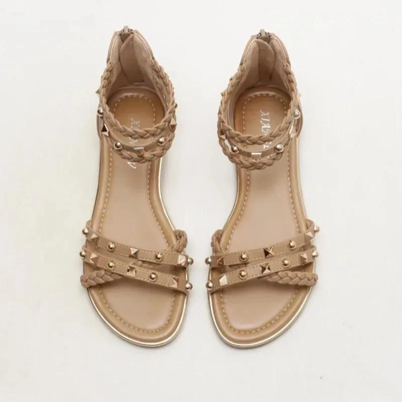 Fashion New Bohemian Style Woven Roman Sandals Women's Summer Casual Flat Bottomed Minimalist Beach Vacation Rivet Thin Band Sandals 42