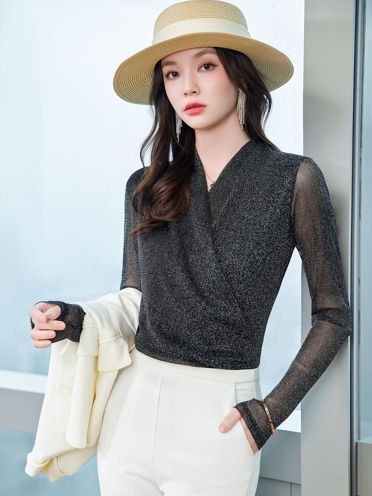 V-Ausschnitt Lurex Mesh Langarmbluse - Damen Slim Fit für Frühling/Herbst