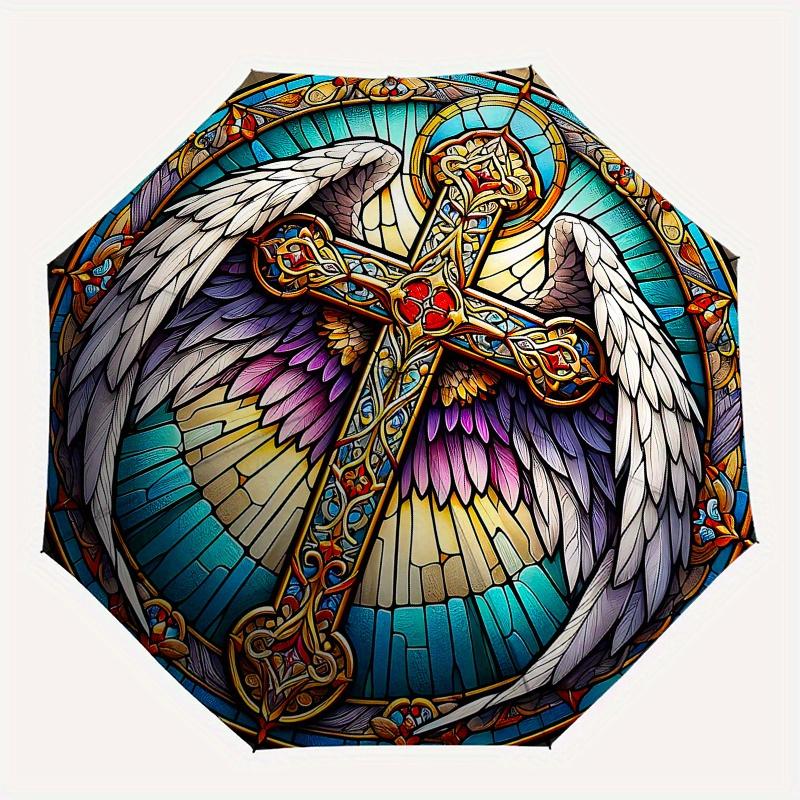 Stained Angel Wings Cross Art PrintUmbrella, Portable 3-Fold Compact Umbrella,Christmas Gift ES634
