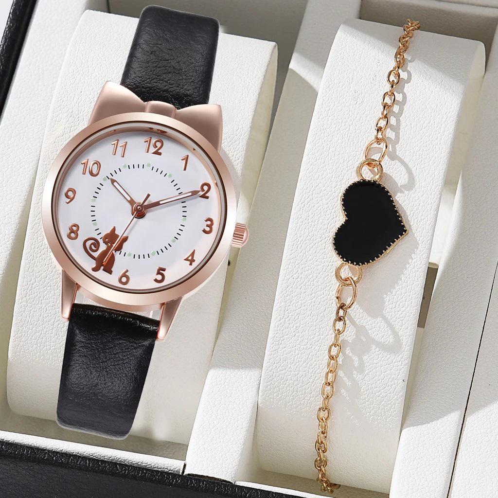 Cross Classic Fashionable Women s Quartz Watch Set with Cute Cat Design