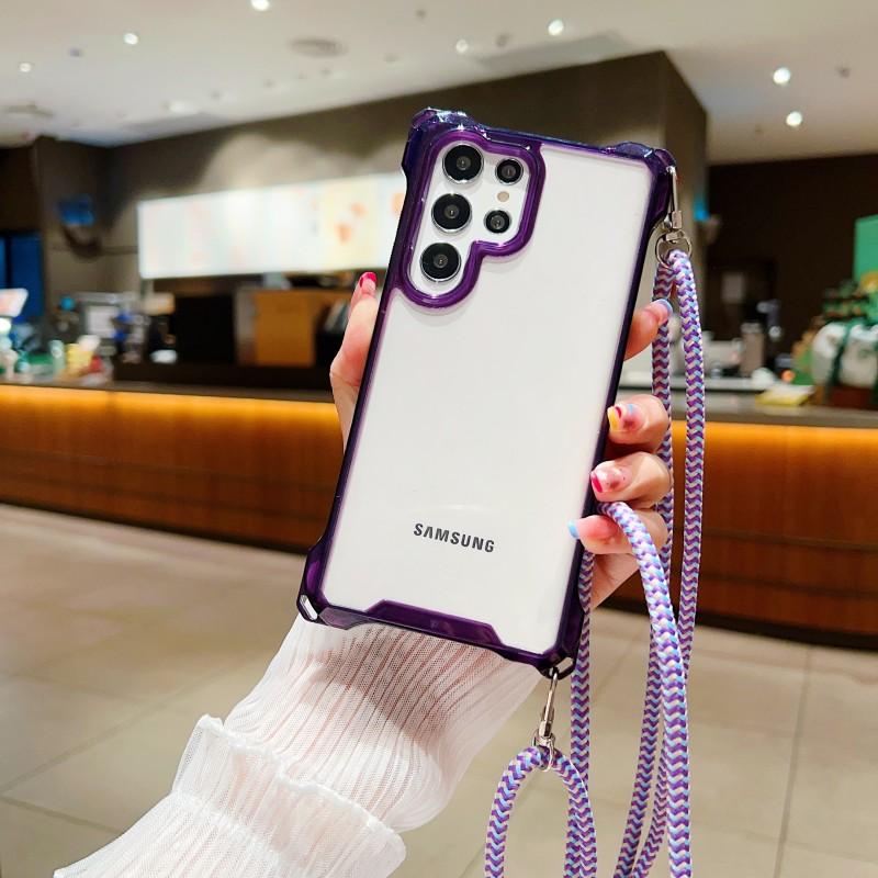 Four Corners Strap Case For Samsung Galaxy S23 Ultra S23 Plus S23Ultra S23Plus S24 Crossbody Cord Lanyard Shockproof Clear Cover