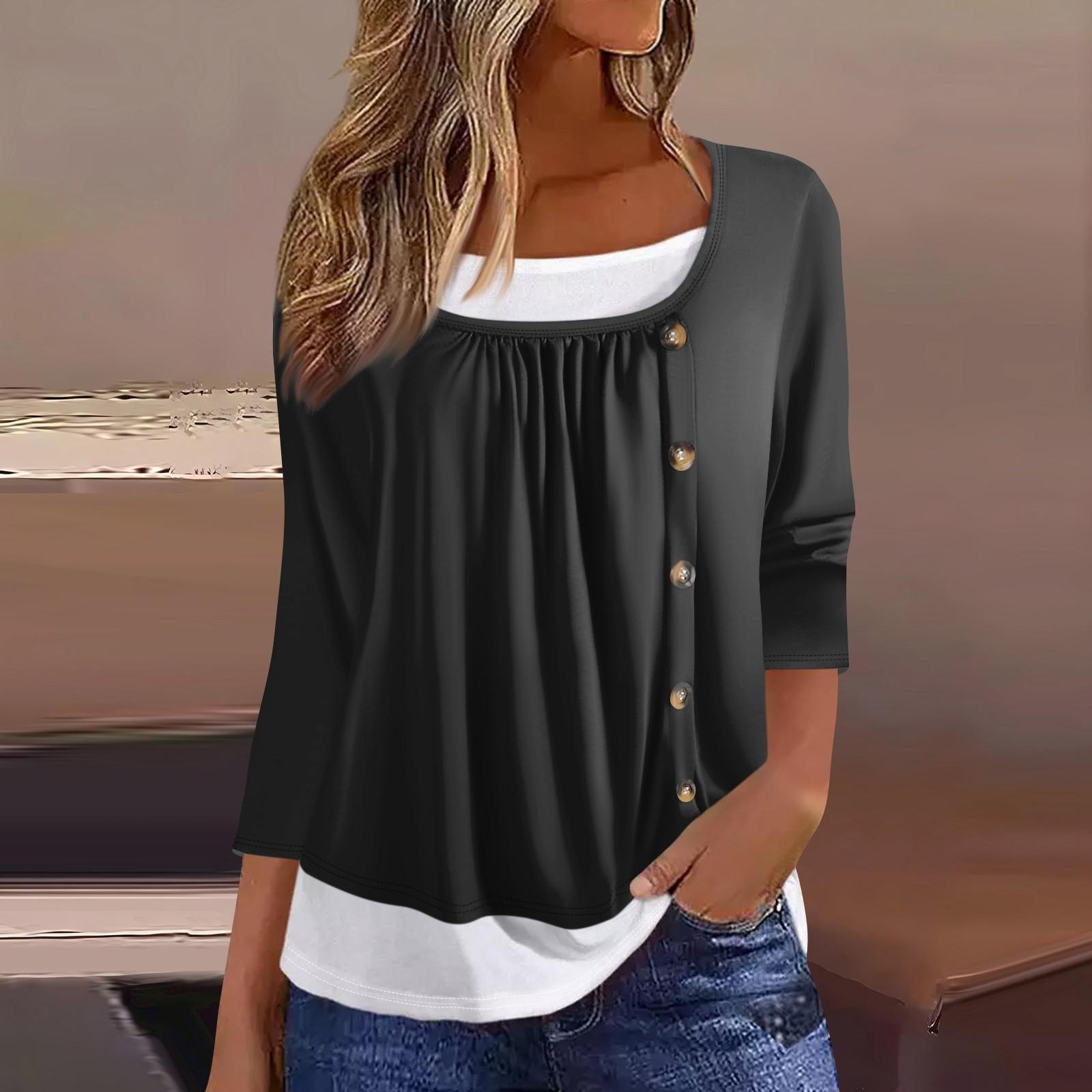 

Женская футболка Футболка с принтом Рукав 3/4 Искусственные двойки Повседневные Выходные Мода Базовый Обычный Топ XXXL чёрный