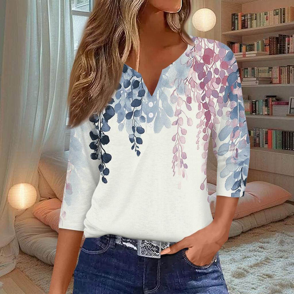 Women's T Shirt Tee Print Button 3/4 Sleeve Daily Weekend Fashion Basic V Neck Regular Top