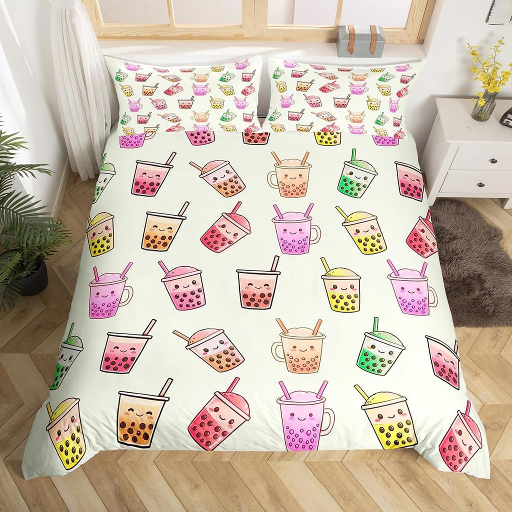 Cartoon Milk Tea Duvet Cover for Kids Teens Lightweight Quilt Covers Bedroom Decor Afternoon Tea Themed Bedspread Cover No Quilt