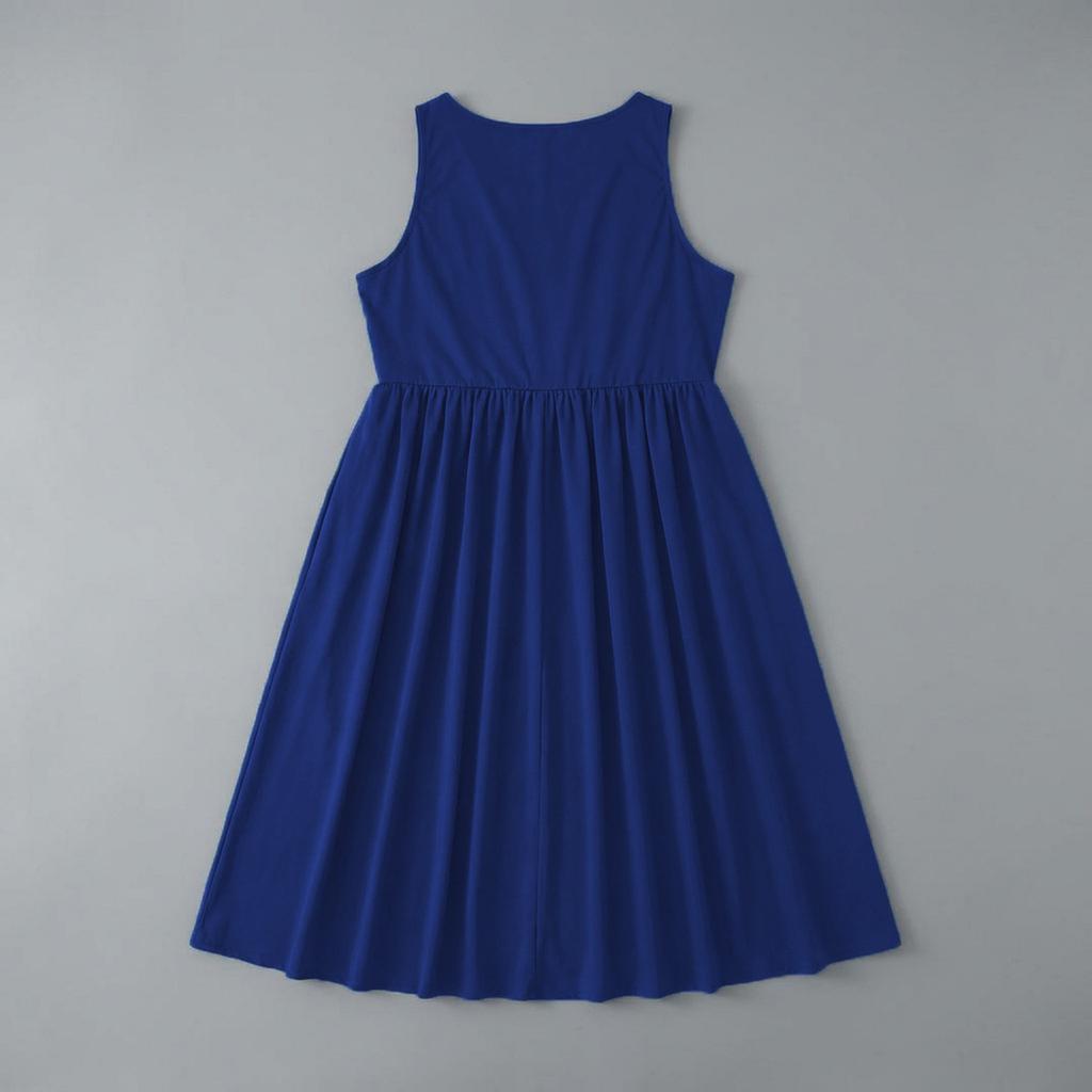 Women's Sleeveless V Neck A Line Dress with Waist Cinch Midi Length Casual Summer Dress