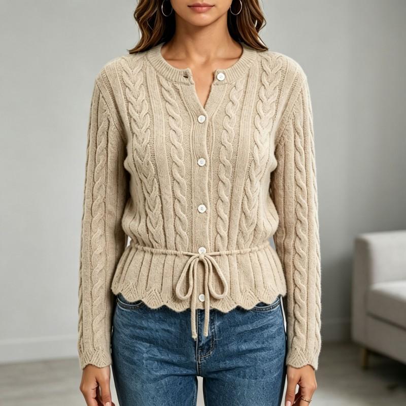 2026 Fall Womens Retro Twist Knit Top Round Neck Drawstring Waist Cardigan Sweater