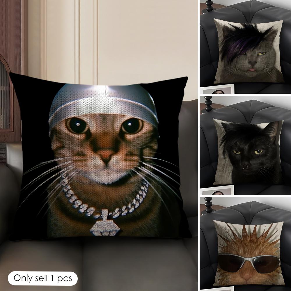 Handsome Fashion Pretty Cat Cushion Cover Natural Linen Organic Fabric Double-Sided Printing Sofa Home Decor Gift Pillow Case