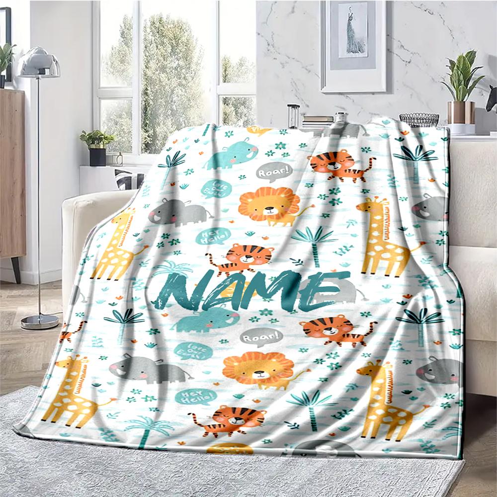Custom Name Animals Theme Printed Blanket - Perfect for Couch, Bed, Travel & Outdoor Use | Machine Washable, Cozy & Durable.