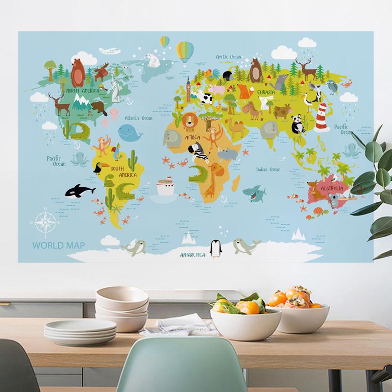 Cartoon Animal World Map Wall Sticker Self Adhesive Kids Room Bedroom Background Kindergarten Classroom Decor