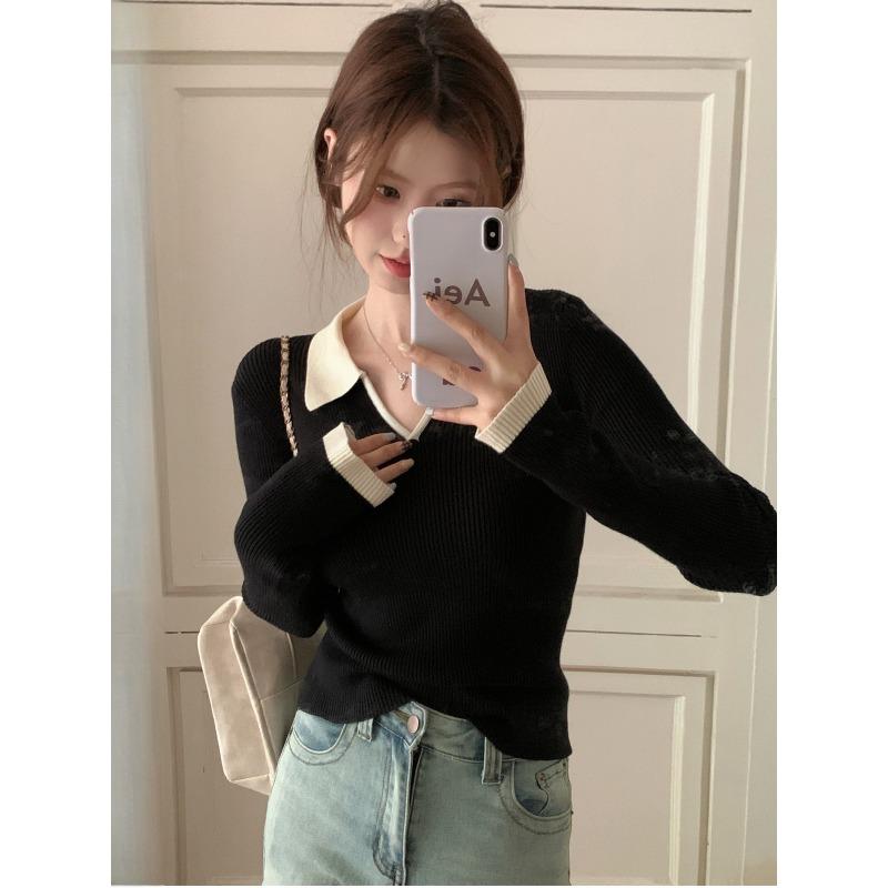 

Контрастный воротник лацкан вязаный свитер осень и зима повседневный свободный низ топ женский плечо длинный рукав L чёрный