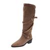 Soft Leather Version~ Retro Belt Buckle Thick Heel Boots But Knee Skinny Knight Boots Pointed Pleated Pile Boots Women