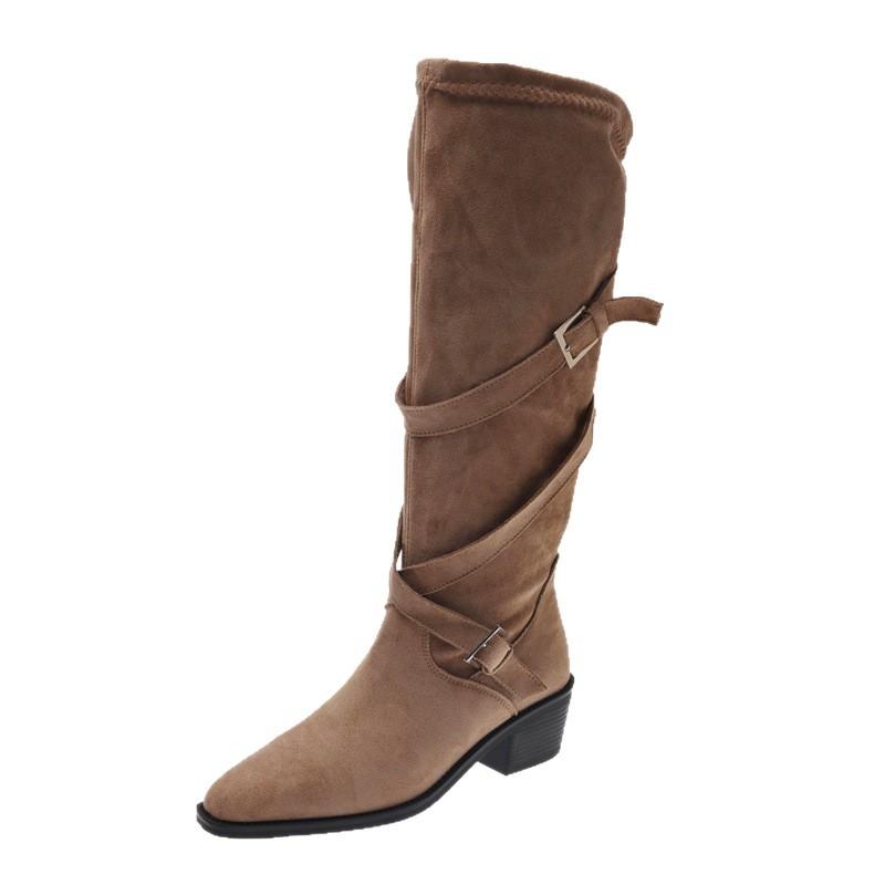 Soft Leather Version~ Retro Belt Buckle Thick Heel Boots But Knee Skinny Knight Boots Pointed Pleated Pile Boots Women