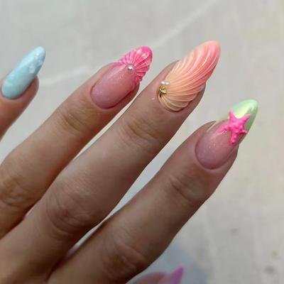 Summer Manicure Patch Removable Nail Fake Nail Three-Dimensional Shell Starfish Wearing Nail Manicure Diamond 24 Pieces