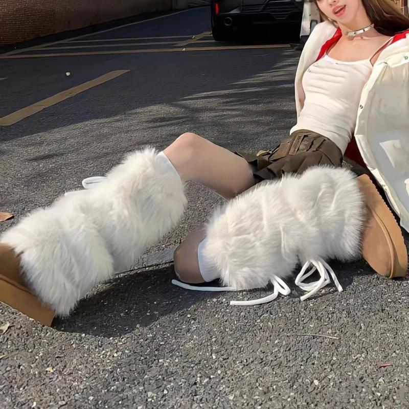 White Faux Fur Leg Warmers Boot Covers Y2K Goth Solid Leg Socks Punk Knee-Length Warm Sock