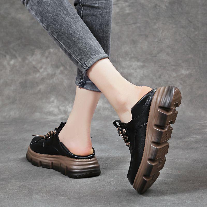 Women's Genuine Soft Leather Loafers, British Style 2025 - Spring/Autumn, Thick Sole, Lace-up, Versatile, Comfortable Shoes