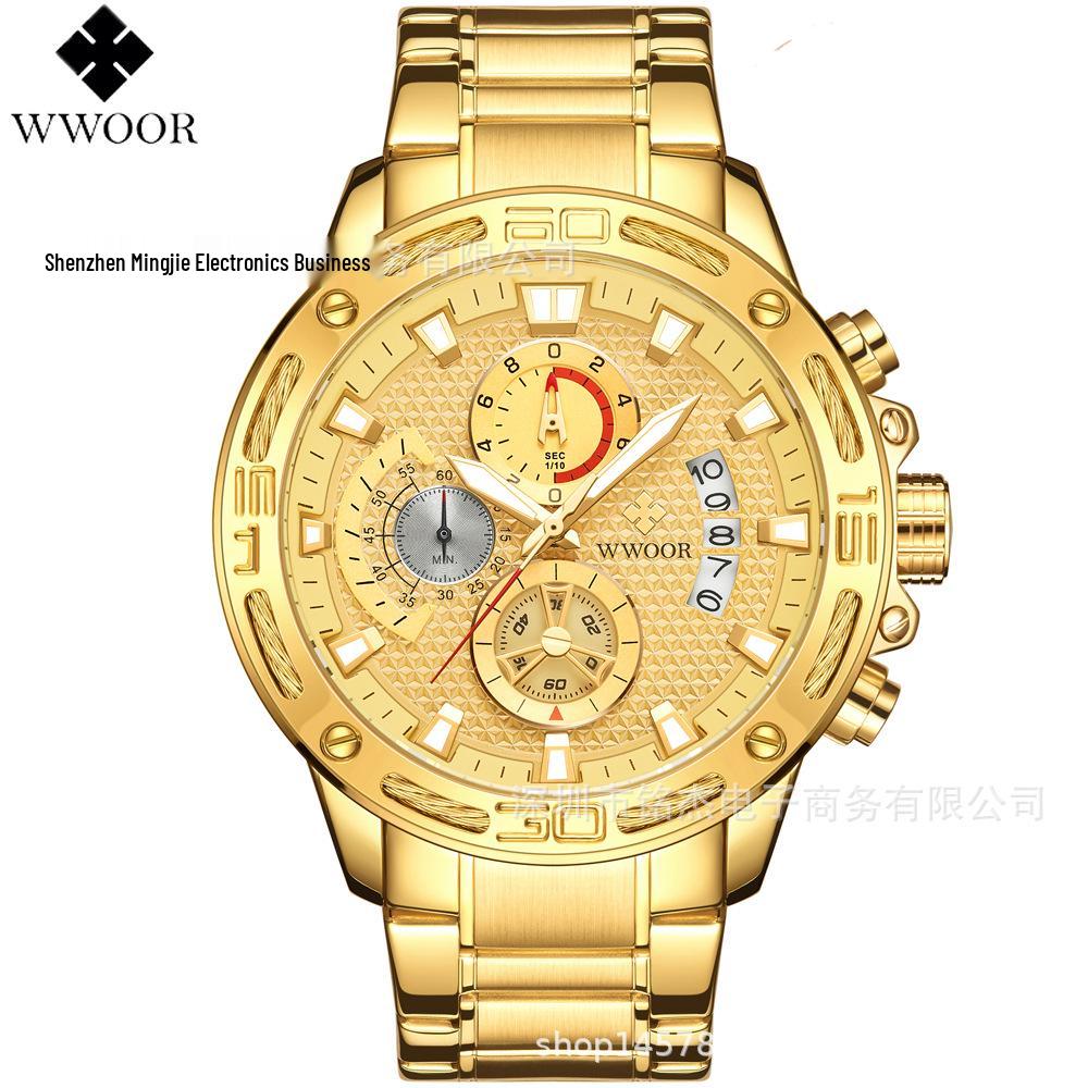 WWOOR Love 8879 Men s Multifunctional Quartz Wristwatch with Waterproof Steel Band  Calendar золотой полосы/корпуса золотой