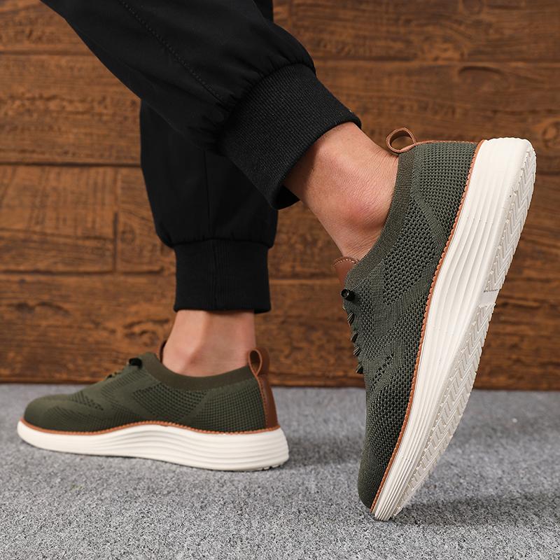 New Men's Classic Walking Shoes Summer Knitted Mesh Breathable Flat Shoes Lightweight Soft Sole Solid Color Lace Up Casual Shoes