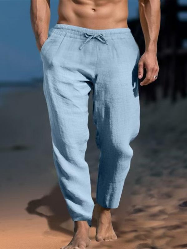 European and American New Men's Solid Color Drawstring Cotton and Linen Loose Casual Beach Casual Pants