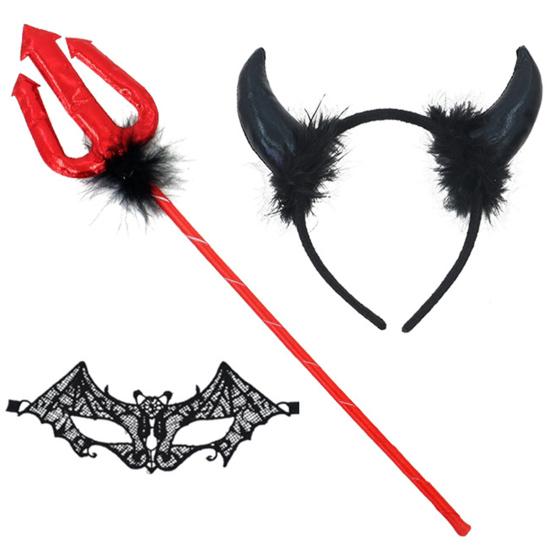 Magic Prop for Halloween Devil Horns Headband Pitchfork Lace Eye Masque Set, Plush Horn Cosplay Red Demon Costume Accessories Adults, Masquerade