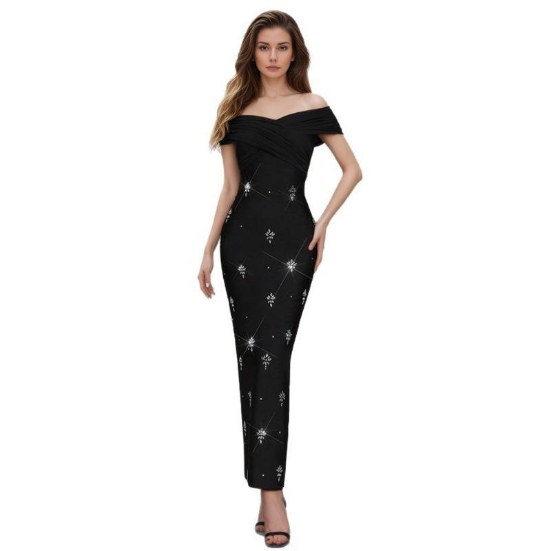 New sexy bandage dress women's one-word shoulder waist thin design diamond-encrusted slim hip dress