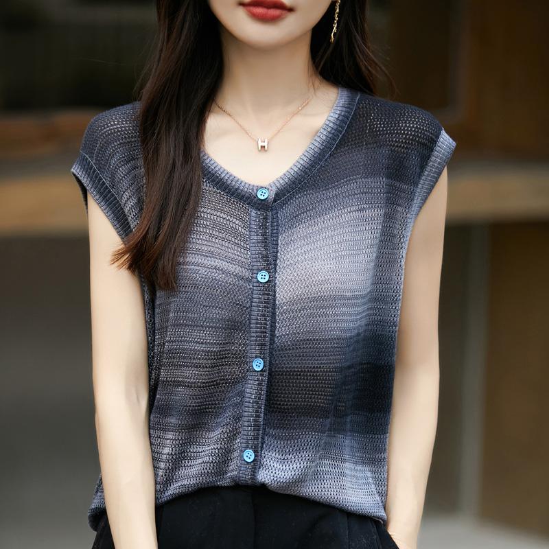 Women's wool sleeveless cardigan Qinghe cashmere 50% silk 50% wool spring and summer wool short sleeve sleeveless vest soft and comfortable