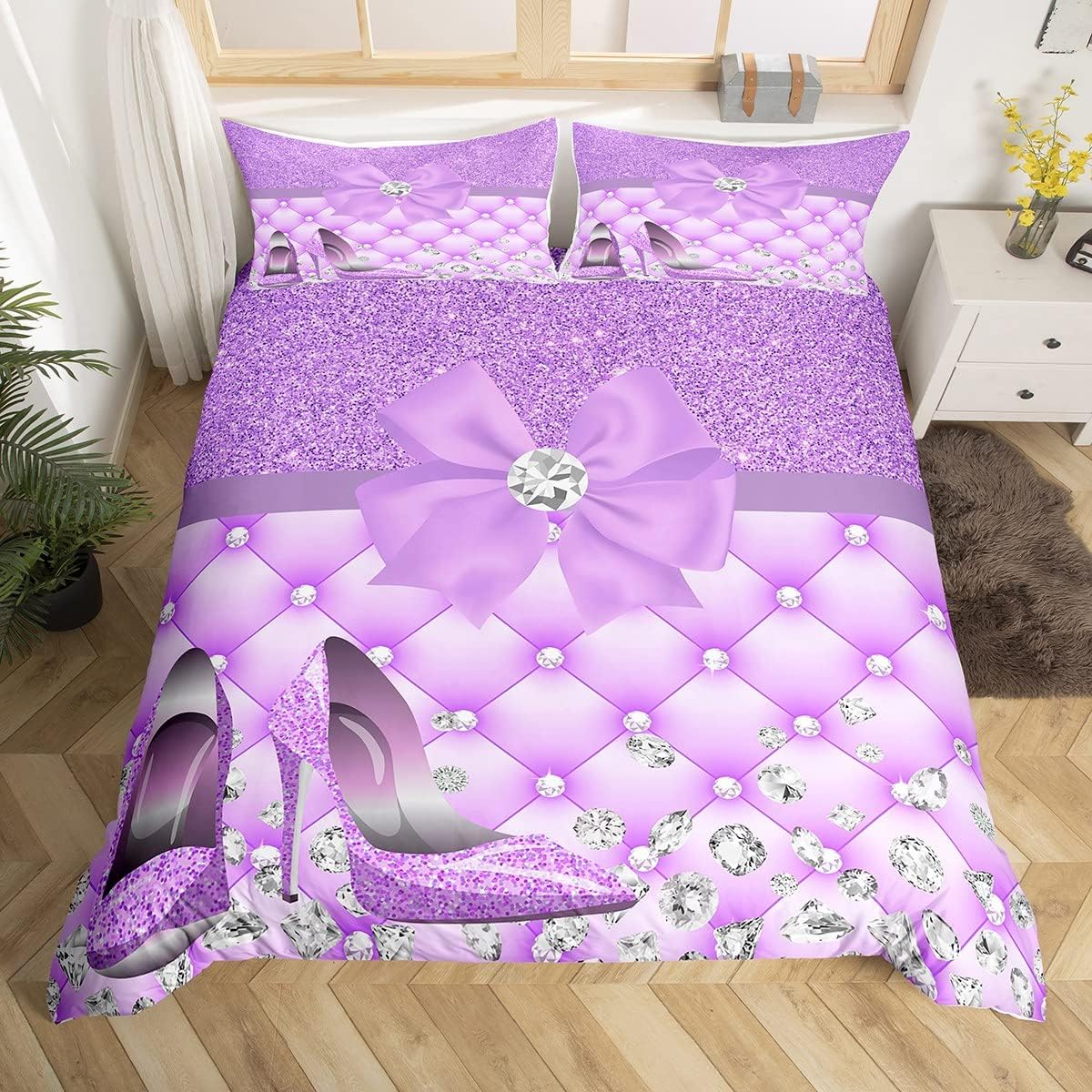

Girls High-Heeled Shoes Rose Duvet Cover Glitter Pink Bedding Set Romantic Comforter Cover Queen For Teens Woman Bedroom Decor EU Single(135x200cm)