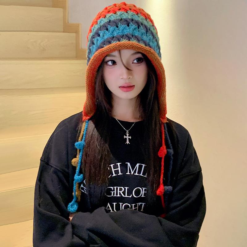Women'S Baotou Hat Autumn And Winter Colorful Tassel Ball Tie Earmuffs Hollow Knitted Wool Hat