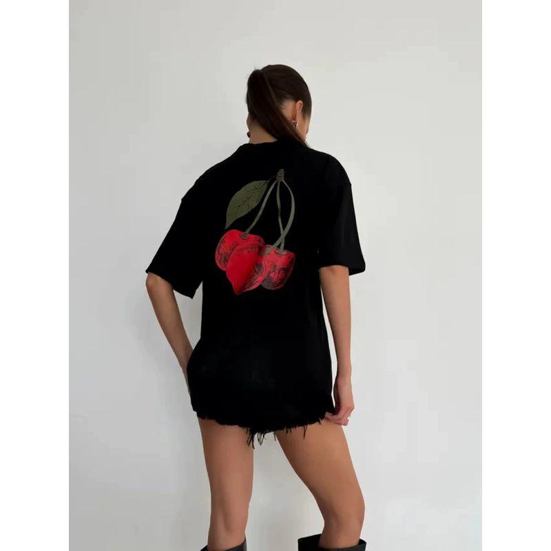 Loose Printed T-shirt Western Style New Casual Fashion Cherry Print Cotton Short Sleeve T-shirt Top