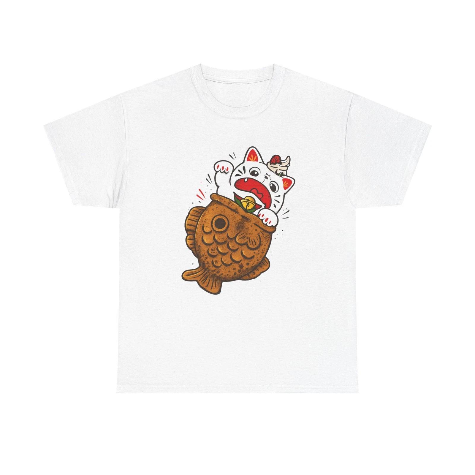 Cute Lucky Cat Taiyaki T Shirt Design Kawaii Japanese Anime Graphic Tee L
