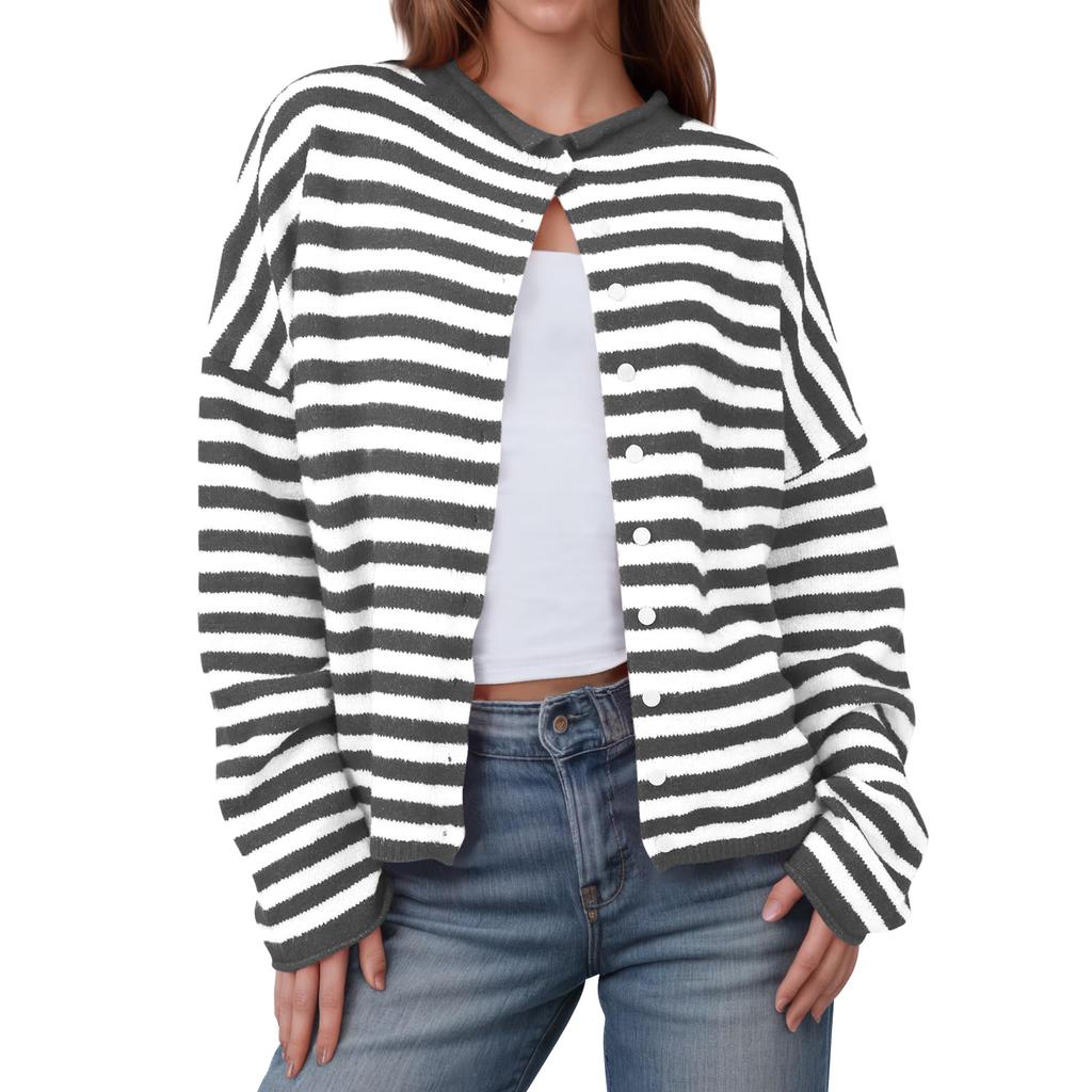 Womens Striped Cardigan Casual Long Sleeve Open Front Button Down Loose Knit