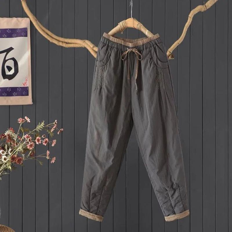 Winter Commute Thickened Warm Harlan Pants Women's Loose Slimming Long Cotton Pants Color Block Design Fashionable Casual Trousers