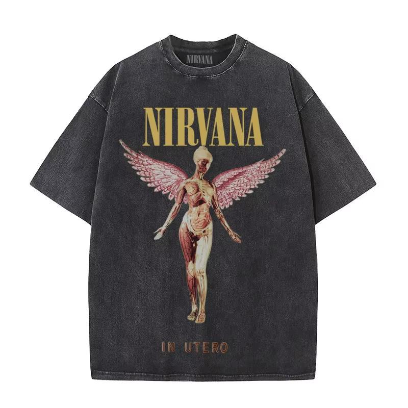 

Nirvana rock band mens Retro cotton Washed Tee In Utero album man Womens oversized YK distress Tshirt Casual Loose streetwear L