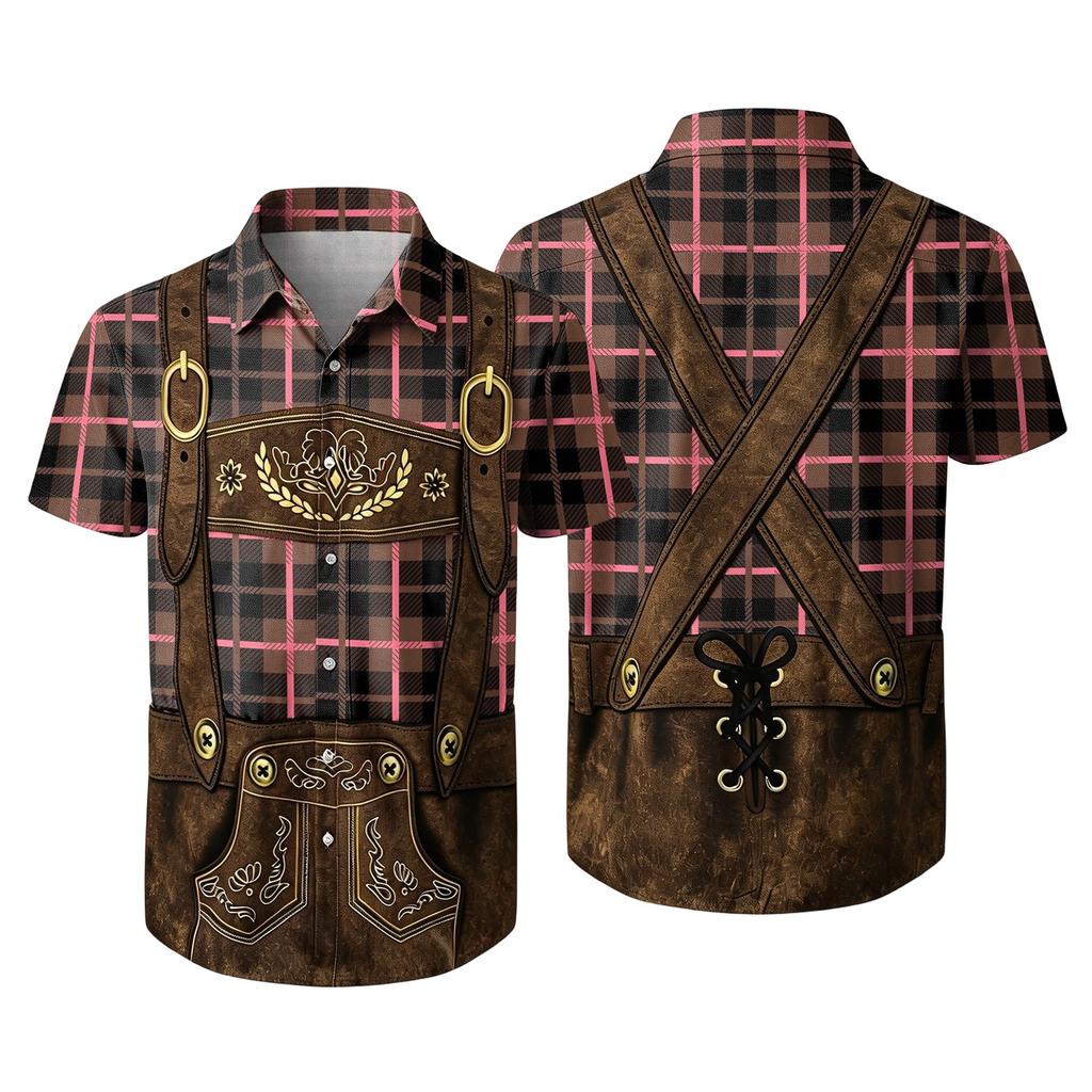 Men’s Short Sleeve Button Down Shirt with Vintage Festival Print Casual Relaxed Fit Top for Party and Daily Wear