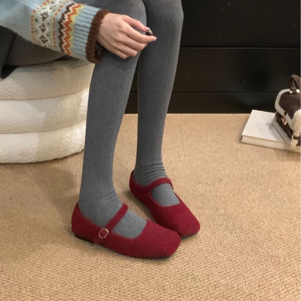 2025 Autumn and Winter New Versatile Square Head with Mary Jane Shoes Fluffy Shoes Women's Flat Bottom Shallow Mouth Velvet Single Shoes Women