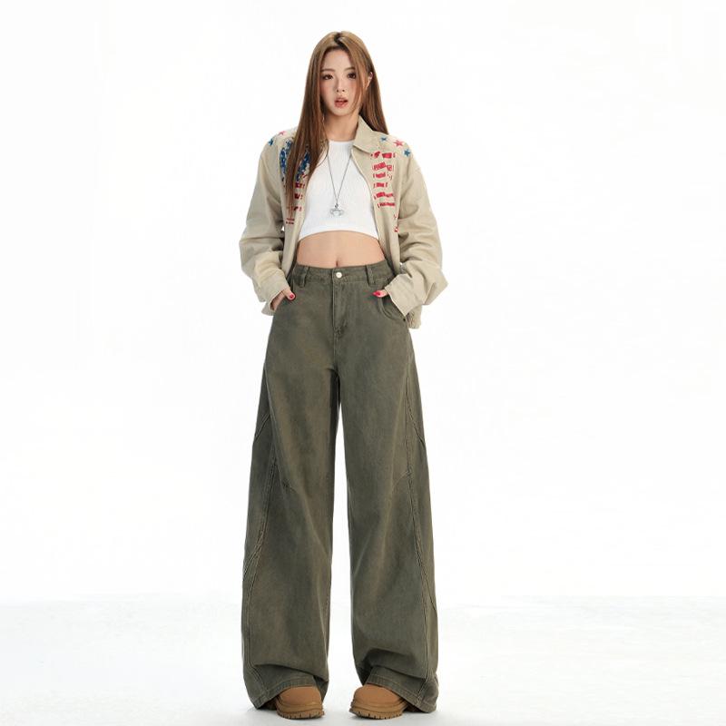 

Women s Brown Coffee American-Style Relaxed Casual Slimming Plus Velvet Wide-Leg Jeans for Autumn and Winter L