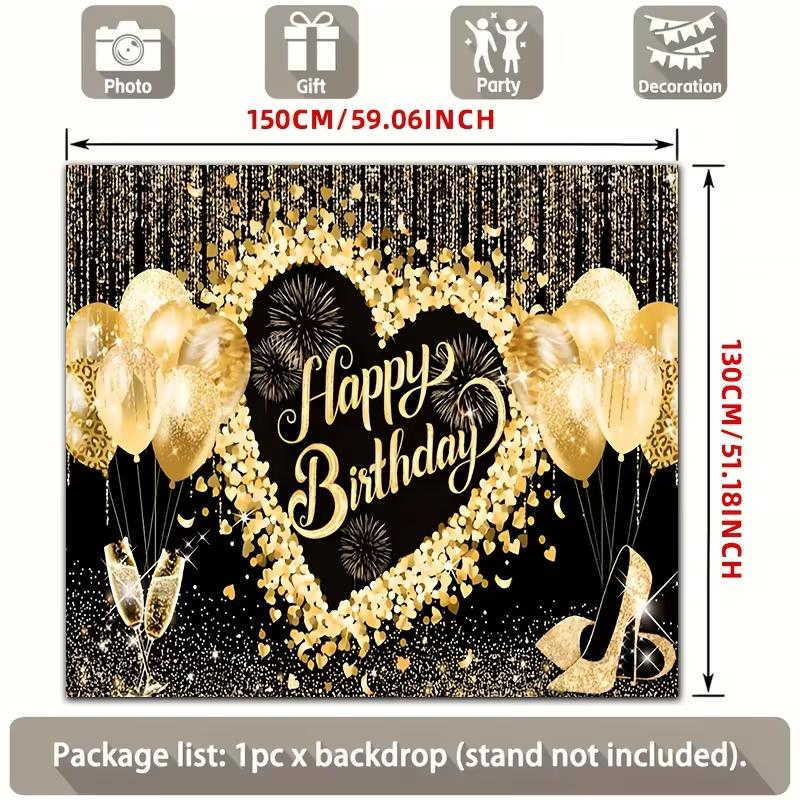 2D Black Gold Heart Happy Birthday Party Decoration Background Banner