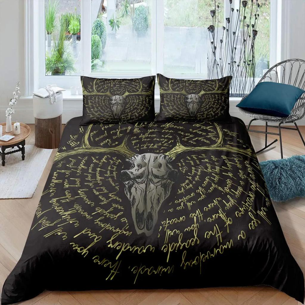 Horror House Duvet Cover Set Art Pentagram Goat Skull Devil Dream Hooded Exorcist Image Decorative Bedding SetKing Size Blue