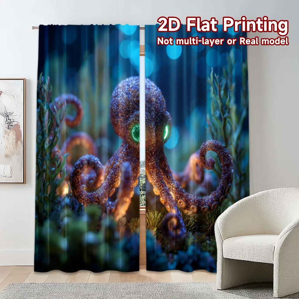2pcs, 2D FLAT PRINTING Curtains (Without Rod) Glowing Octopus Popular Pattern Curtains Yarn Curtains Thermal Insulation, and