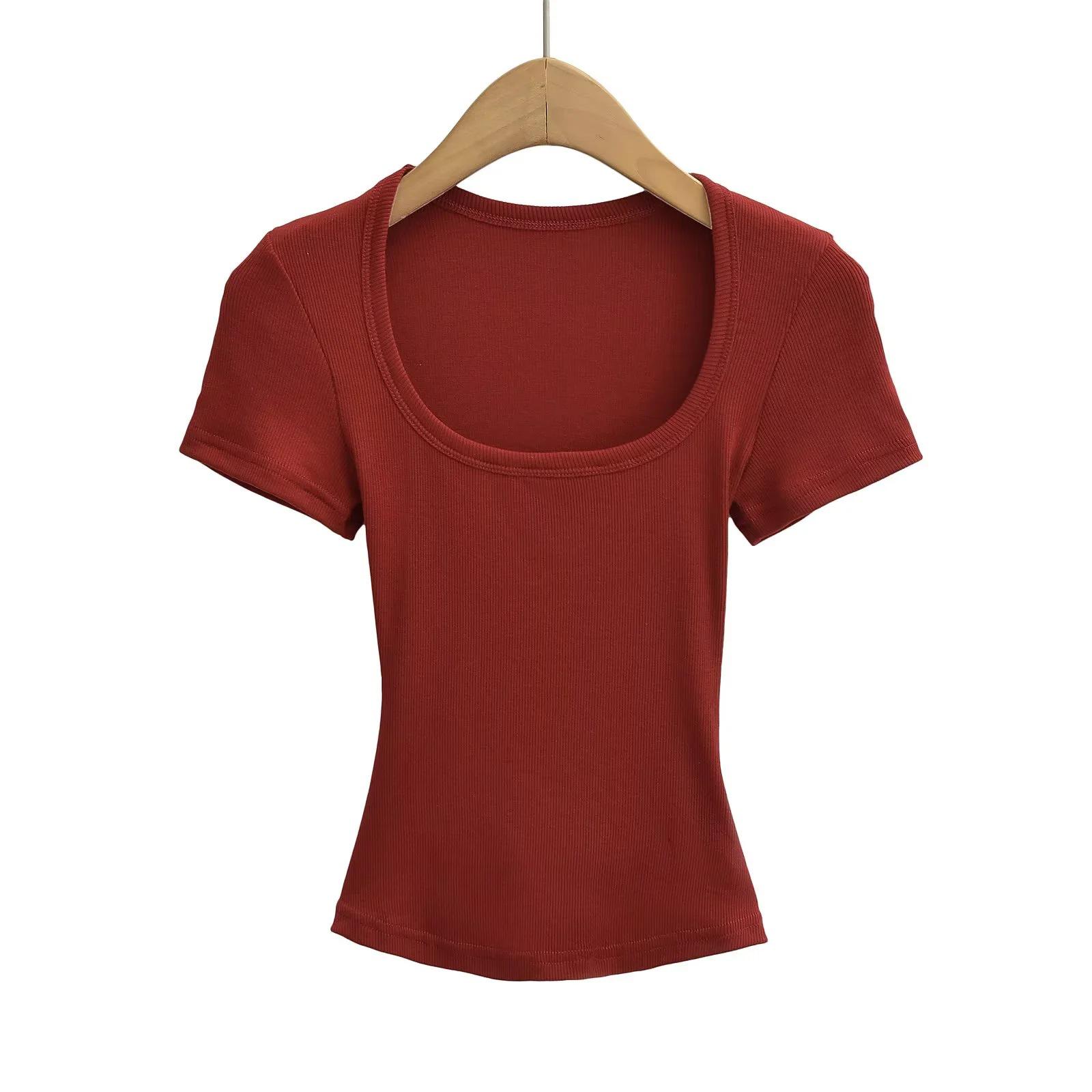 Women s Summer Slimming U-Neck Short-Sleeve Crop Top – Solid Color Slim-Fit Basic Style Small