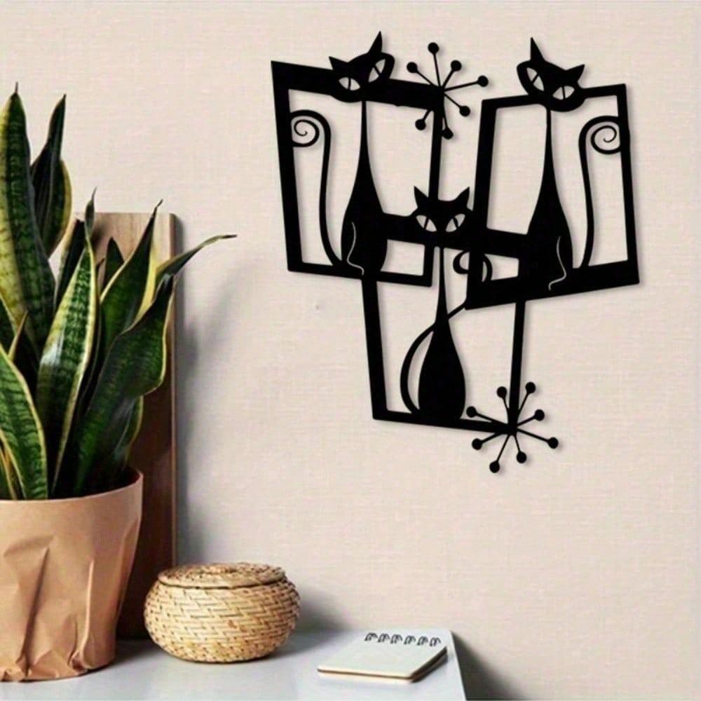 Metal Black Cat Wall Art Abstract Iron Sculpture Vintage Home Garden Decor